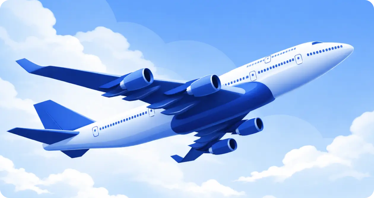 Blue passenger airplane flying above clouds in a clear sky illustration