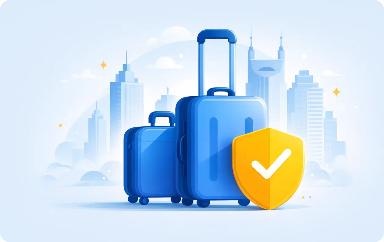 Blue travel suitcases with yellow shield symbol representing luggage protection